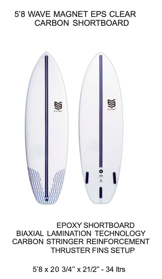 5'8 Wave Magnet EPS Clear Carbon Shortboard | Flowt Surfboards